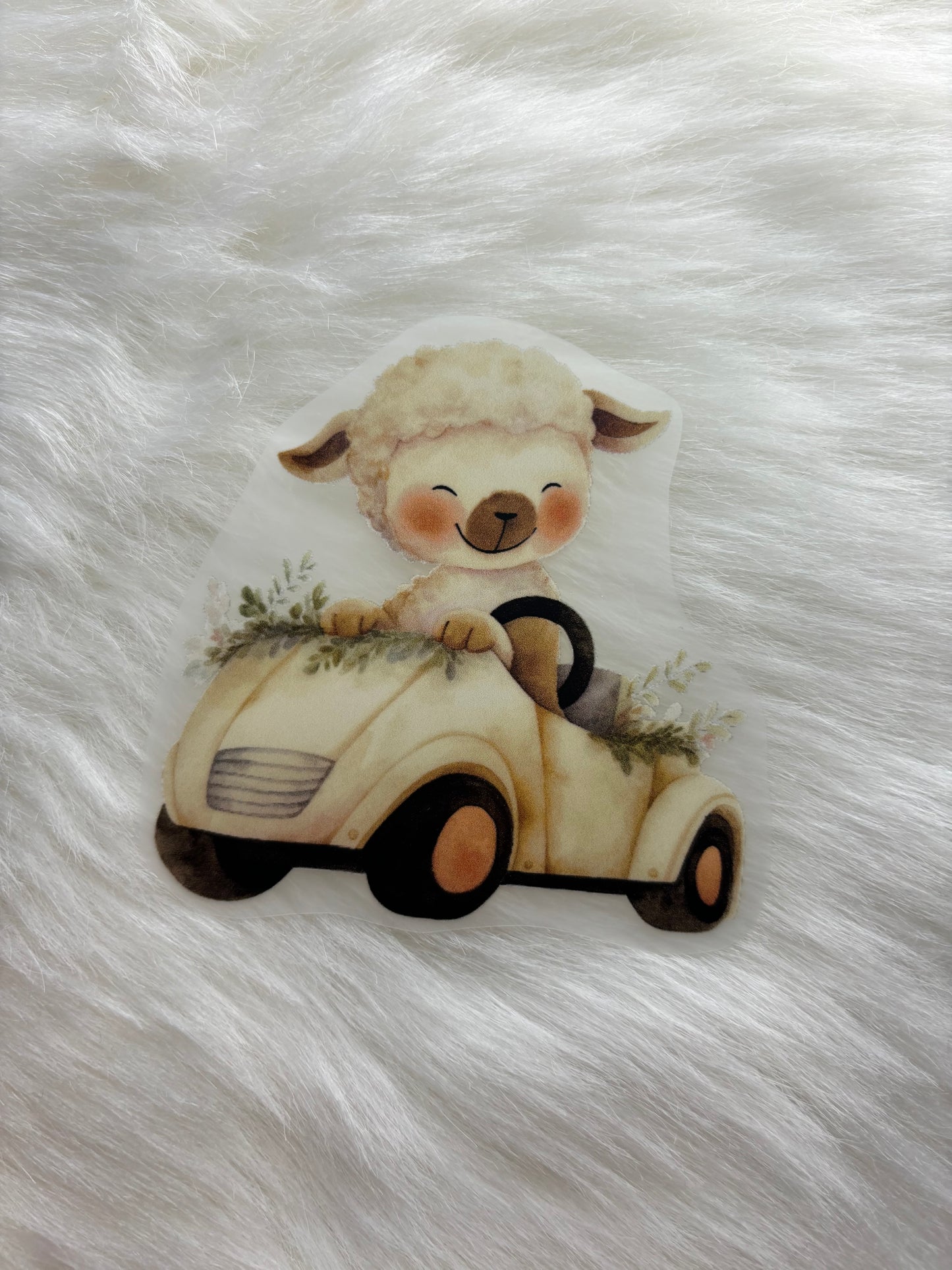 Bügelbild Auto Schaf
